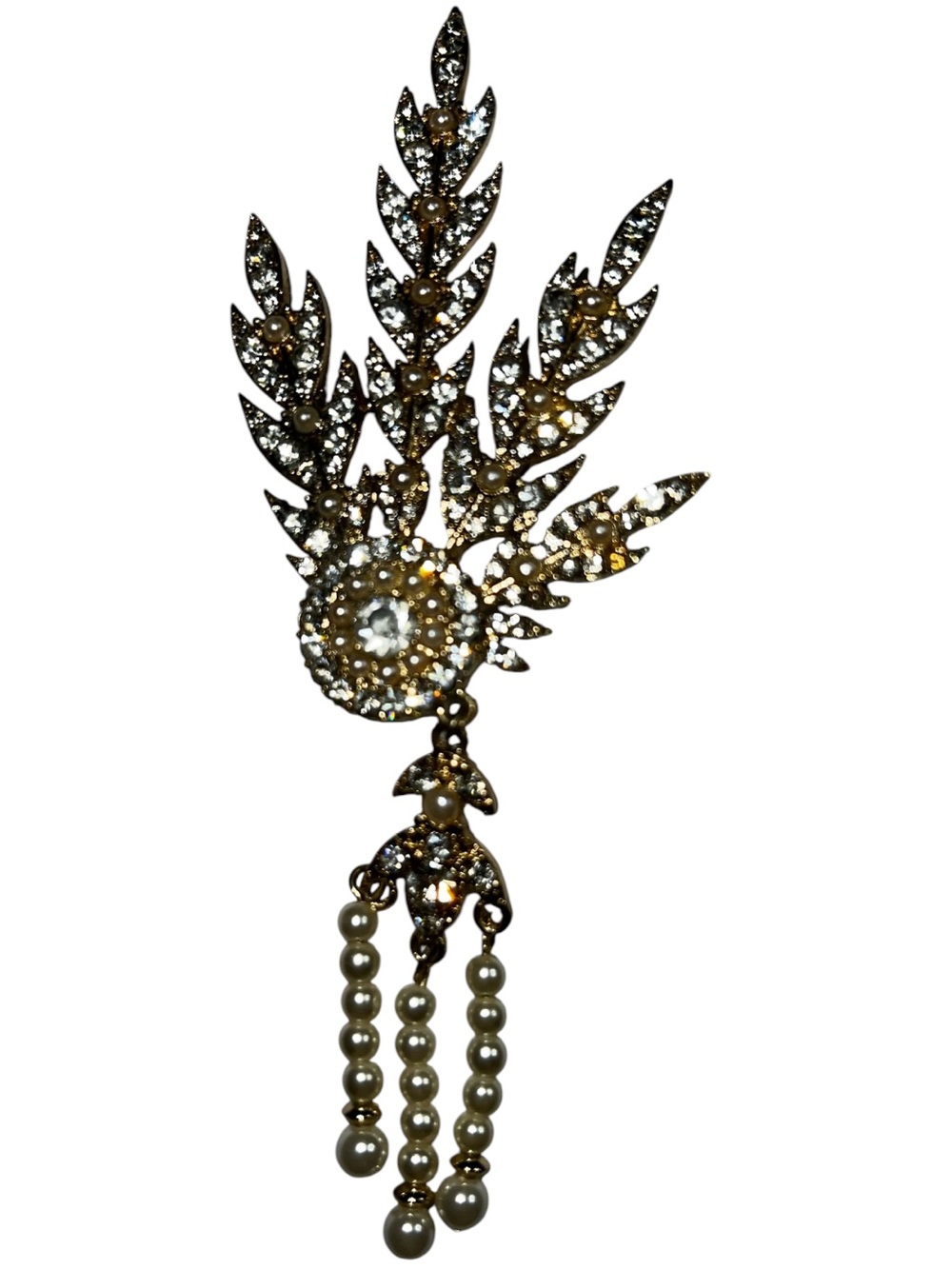 Gold-Tone Pearl & Crystal Feather Statement Brooch